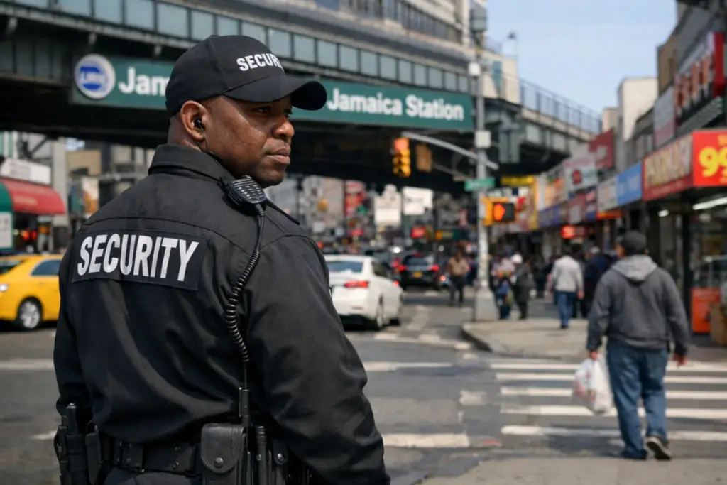 Security guard in Jamaica Queens ensuring safety.